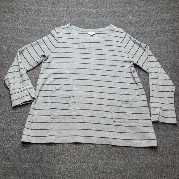 J Jill Sweater Womens Large Gray Stripe Long Sleeve V Neck Cotton Blend Pockets - Picture 1 of 8